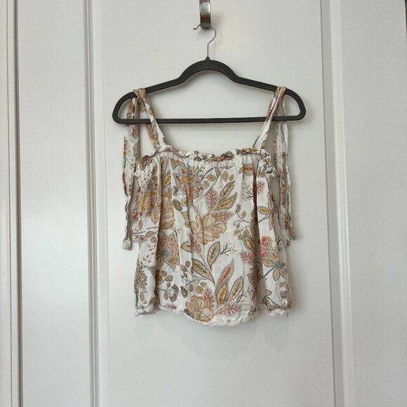 Lucky Brand Easy Tie Shoulder Tank Top in Ivory with Floral Print & Lace Trim - Picture 3 of 9